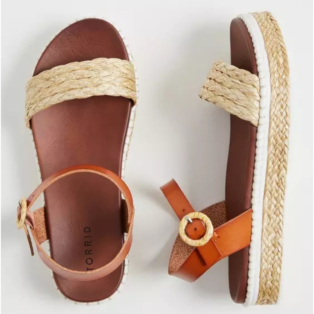 Cognac Faux Leather & Tan Woven Espadrille Flatform